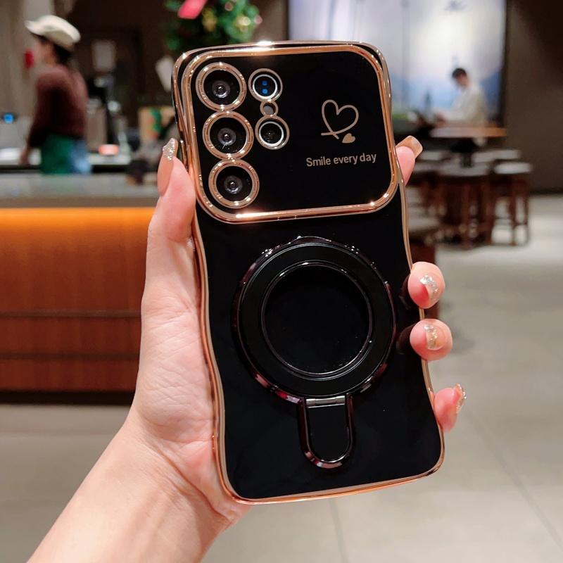 Wave Frame Plating Glossy Phone Case For Samsung Galaxy S25 Ultra S24 FE S23 S22 Plus S21 TPU Soft Shockproof Ring Holder Bracket Back Cover