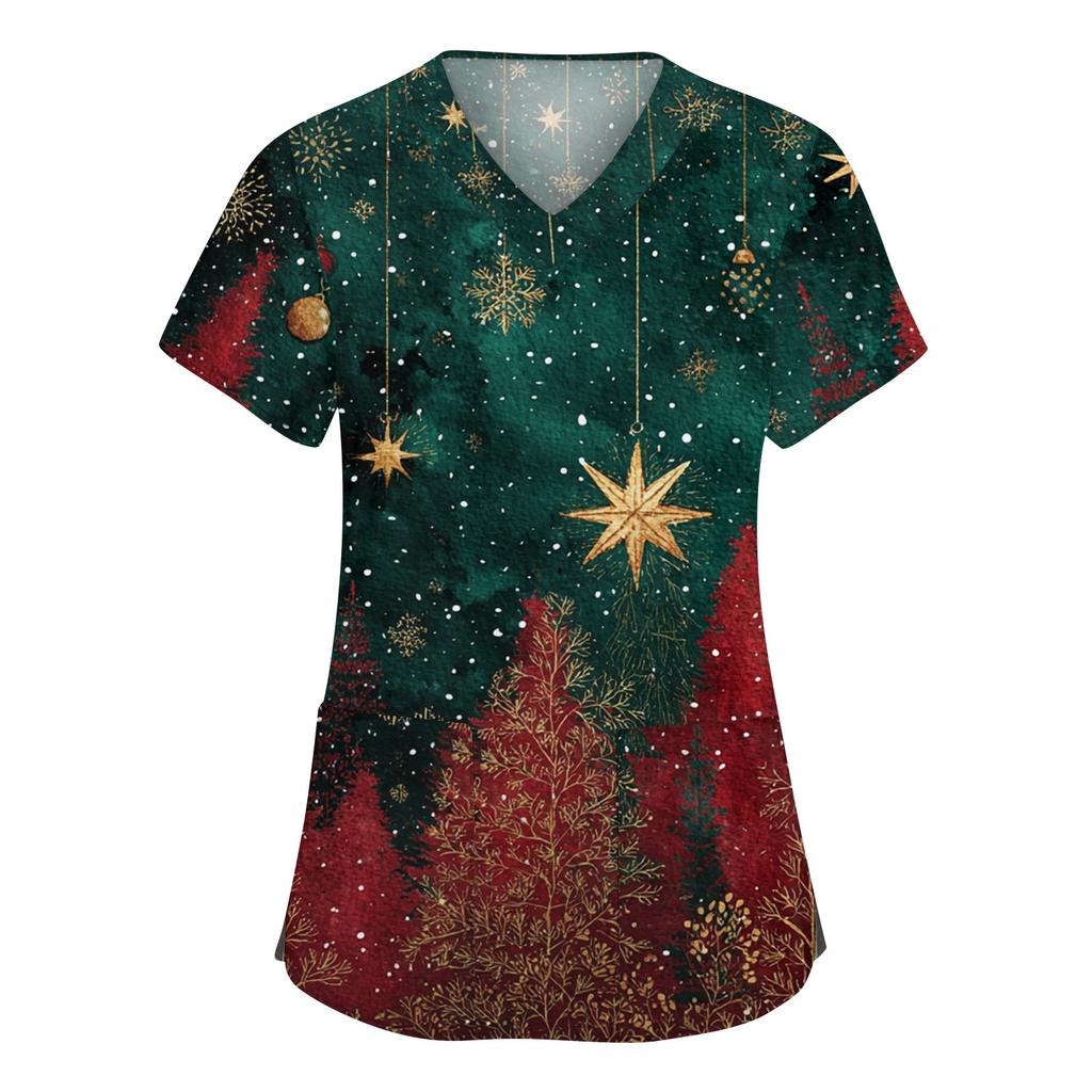Women's Fashion V-neck Short Sleeve Workwear With Pockets Christmas Printed Tops