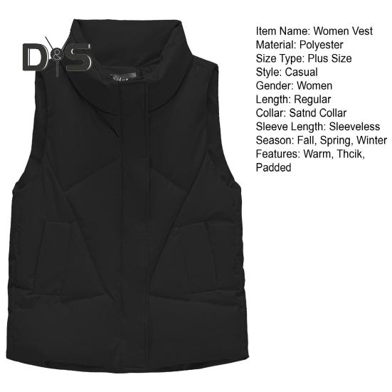 Women Fall Winter Vest Coat Thickened Padded Solid Color Sleeveless Cardigan Zipper Closure Stand Collar Pockets Windproof Warm Women Plus Size
