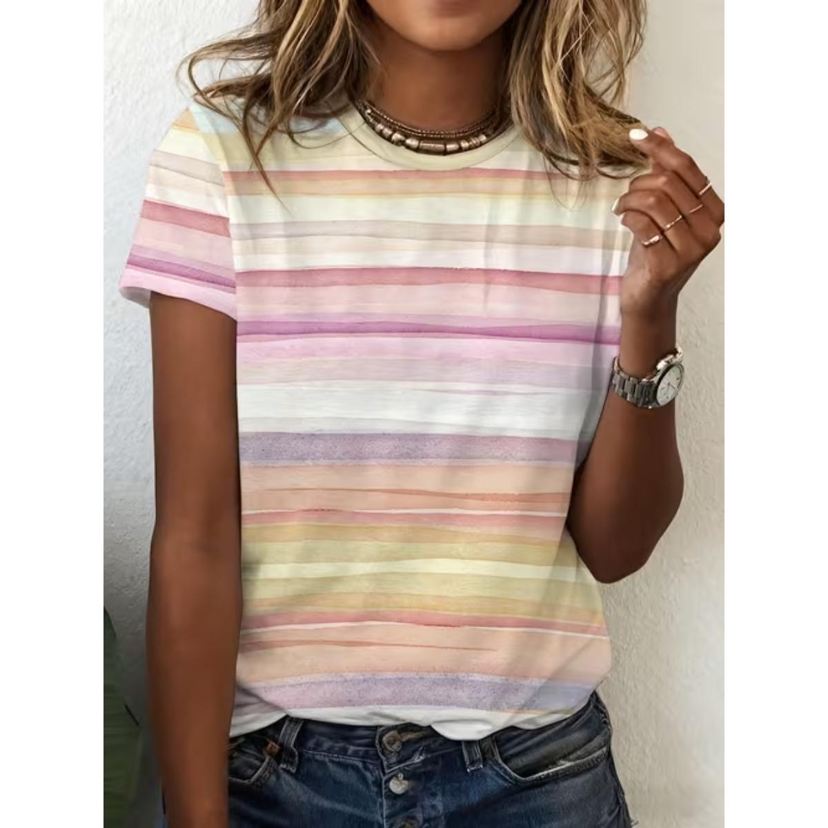 

Fashion Women Retro Geometry and Lines Patterns Print T Shirt Funny Casual O-neck Short Sleeves T-shirt Summer Female Tee Shirt XS розовый