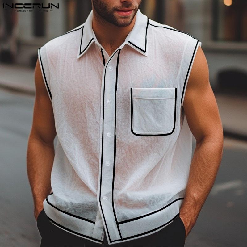 INCERUN Men Lapel Neck Sleeveless Buttons Up Stitching Semi-Sheer Casual Tank Tops