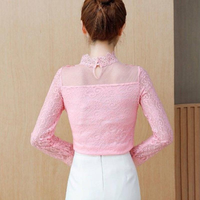 Temperament Lace Bottoming Shirt Women's Autumn and Spring Sweet Stand-up Collar Flowers Sexy Hollow Mesh Top