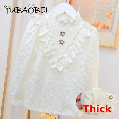 Teen Girls White Long Sleeved Bottoming T-shirt Winter Kids Lace High-neck Thicken Blouse Tops Children's Clothing Warm Pullover