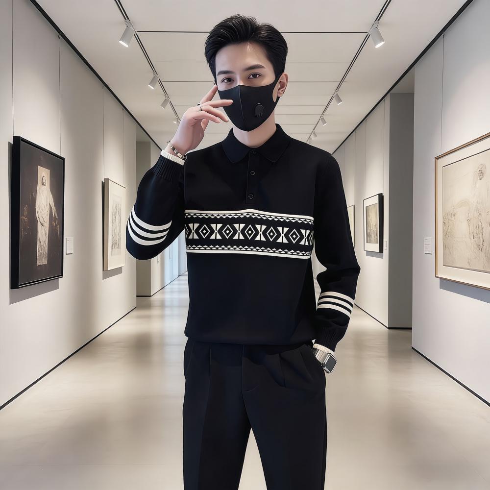 Men s Trendy Street Style Knit Polo Sweater for Autumn/Winter Small