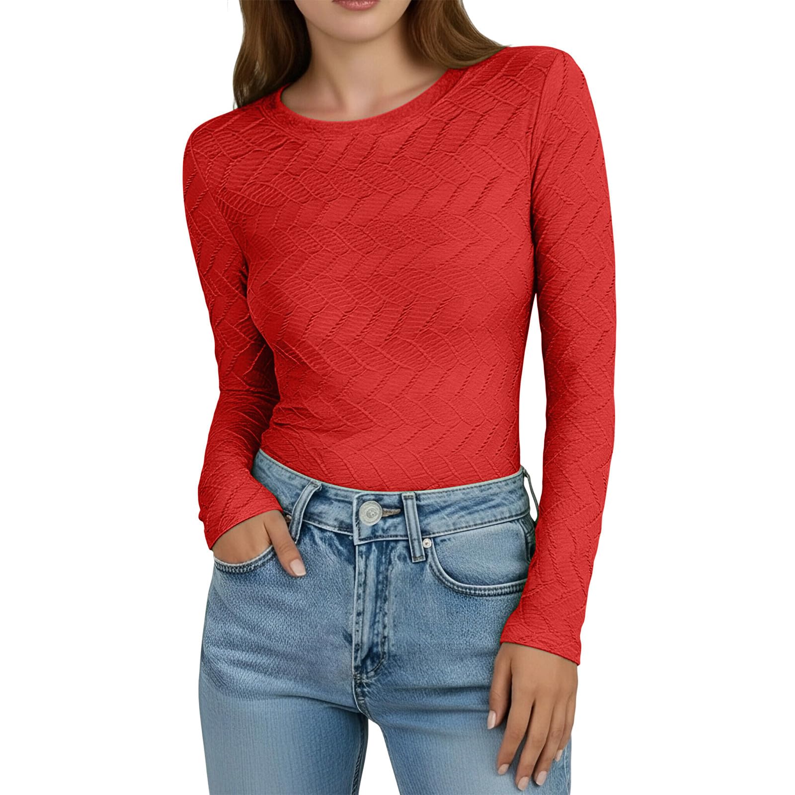 

Women s Fashionable Sexy Round Neck Color Long Sleeve T-Shirt Casual Top M красный