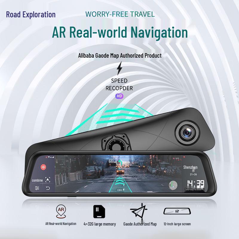 12" Android 8.1 Rearview Mirror Dash Cam with Dual Lens & 4G RAM AR Navigation.