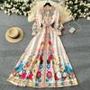France Elegant Vintage Luxury Evening Dress Women Print  Button Long Party Dress Female Casual Chic Holiday Clothing