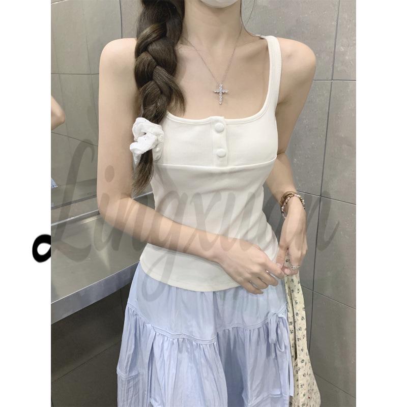 Summer Korean Style Slim Fit Square Neck Cotton Vest Top Large белый