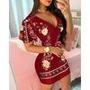 Sexy, tiefem V-Ausschnitt, kurzärmliges, schmales Print-Kurzkleid für Damen