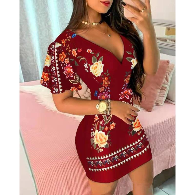 Sexy, tiefem V-Ausschnitt, kurzärmliges, schmales Print-Kurzkleid für Damen