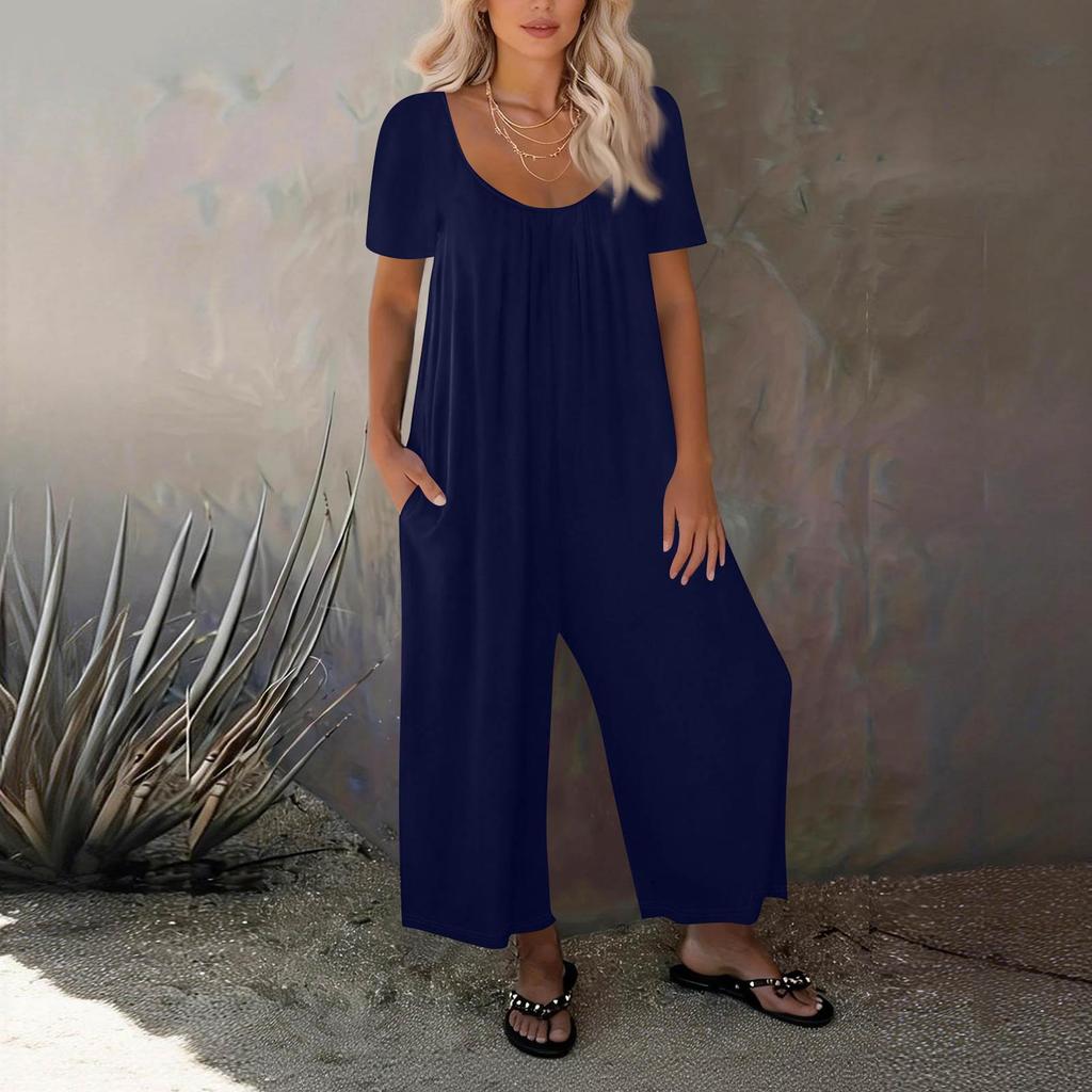 Women's Fashionable Casual Relaxed Fit Pocketed Short Sleeve Jumpsuit