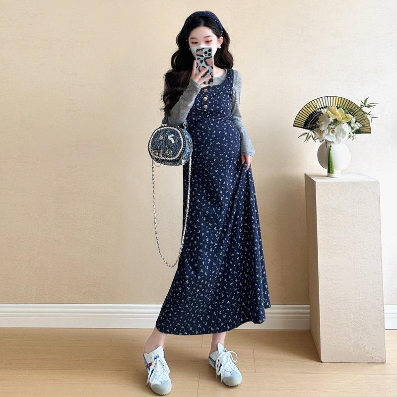 Frühling 2025 Schwangerschaft Koreanisch Elegant Blau Floral Taillenbetonendes Weste-Kleid Set