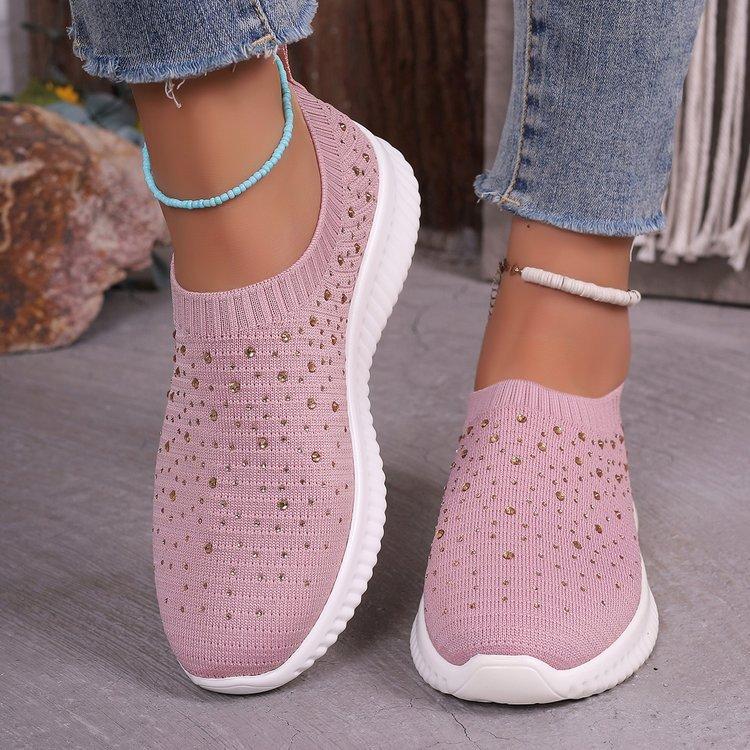 Large size mesh fly-woven casual shoes for women's spring and summer new diamond-encrusted breathable shoes for women