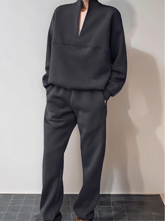 2025 European Autumn/Winter Fashion Zipper Lapel Solid Color Casual Two-Piece Set