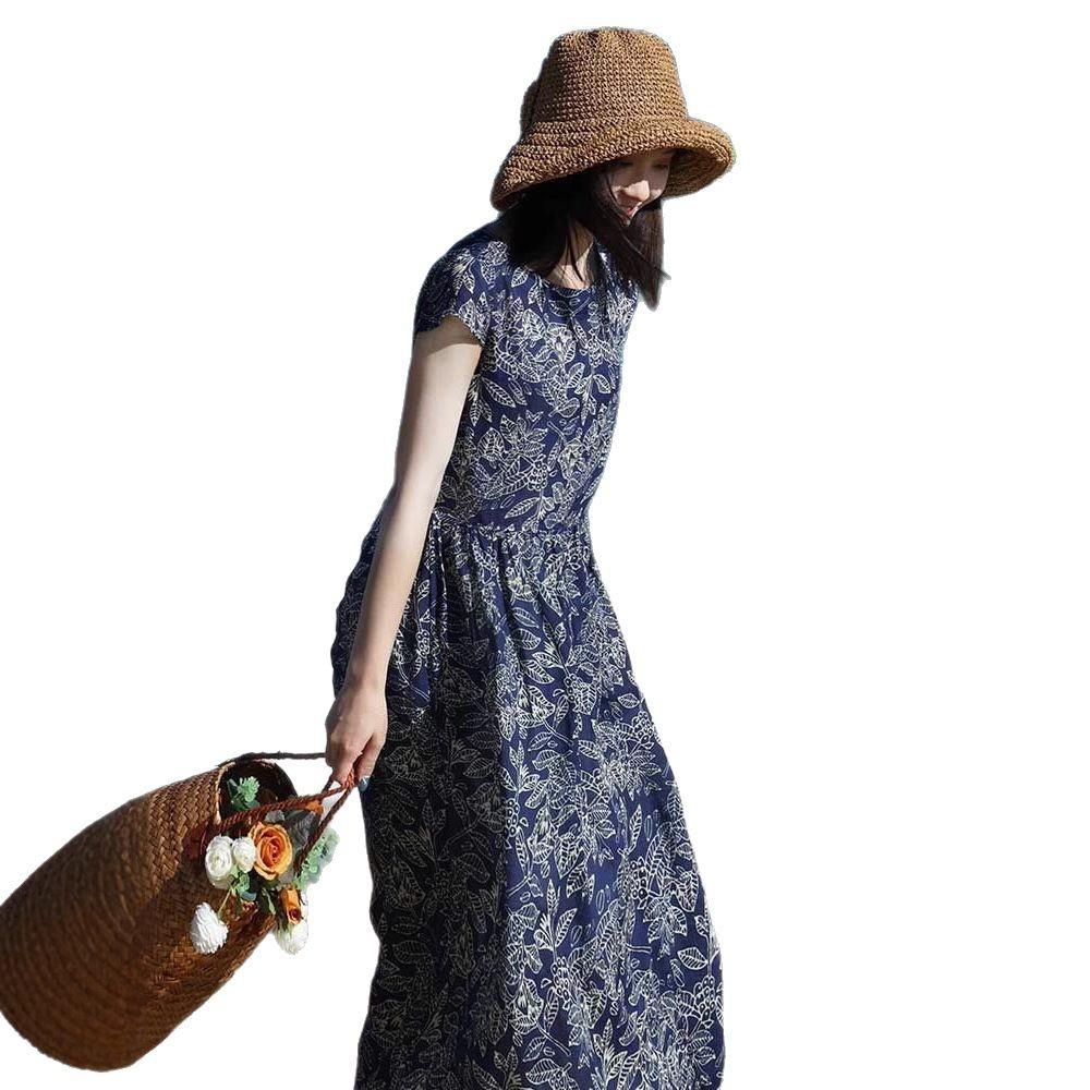 Blue floral cotton and linen dress women's 2025 summer new loose and thin lazy short-sleeved medium and long skirt