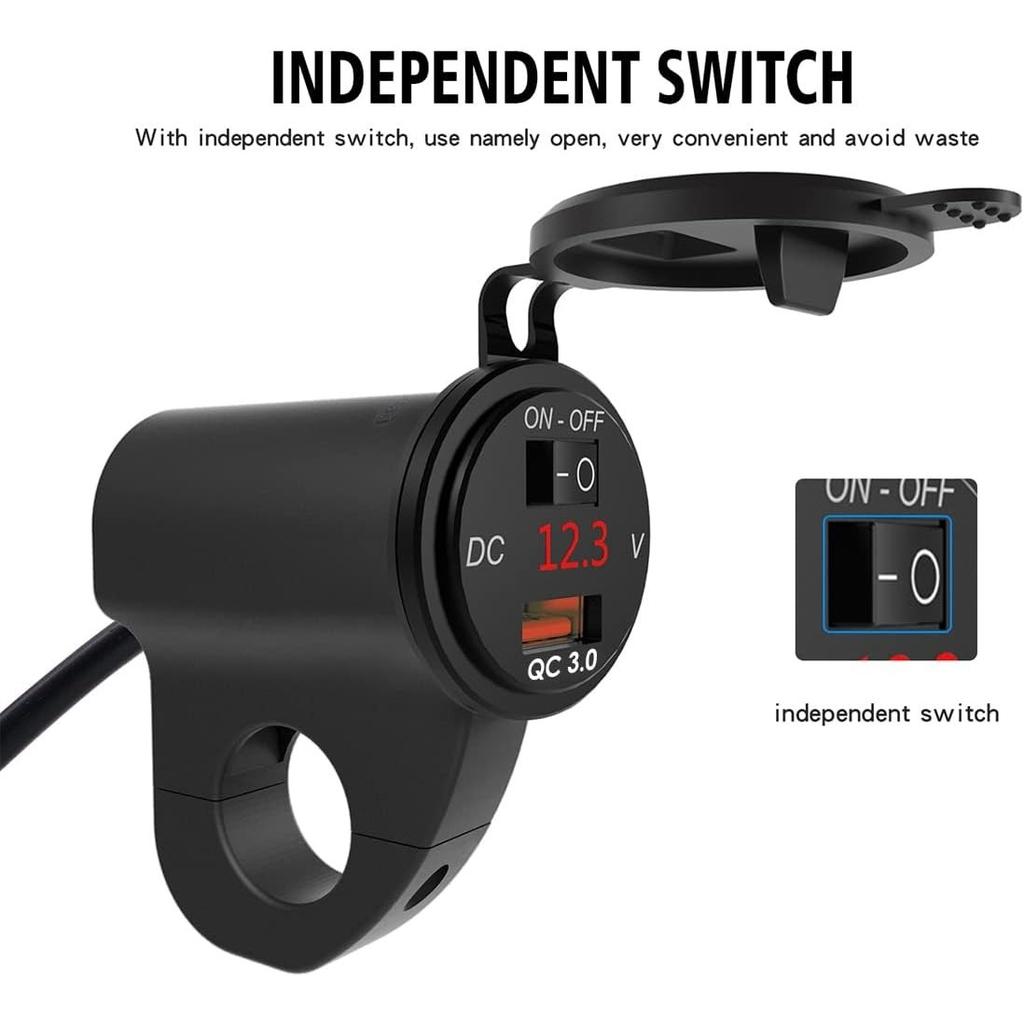 12V Motorcycle Handlebar 2.4A USB Adapter Charger with Digital Voltmeter Fits for 22mm-26mm Handlebars