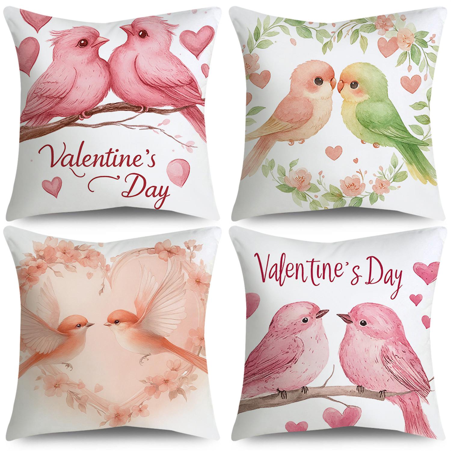 4pcs Valentine S Day Heart Wreath Birds Throw Pillow Covers | Polyester, Zip Closure, Suitable for Bedroom, Sofa, Wedding Anniversary, Party DecoR 18 X 18-Inch