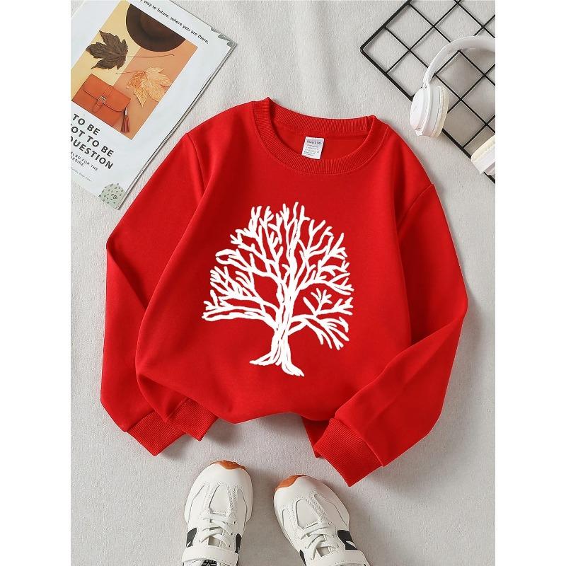 European Sizes Kids' Crewneck Sweatshirt - White Tree On Brown Fabric Background , Sportswear And Casual Wear, Soft And Comfortable, Clothing
