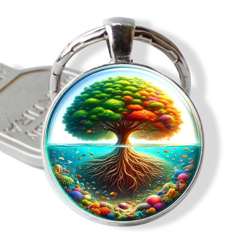 Decorative Glass Keychain Featuring Bright Tree Pattern For Home And Office Keys
