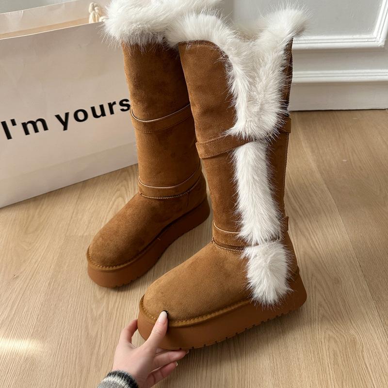Dámské zimní zateplené sněhule na silné platformě, zvýšené, s kožešinou, teplé, proti chladu, polstrované, protiskluzové, odolné proti opotřebení, ležérní sportovní dlouhé bavlněné boty