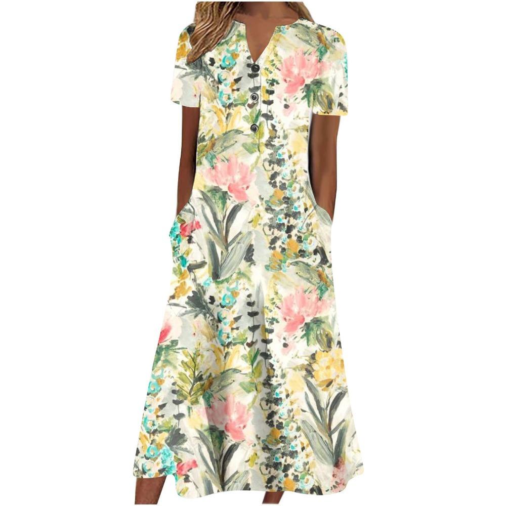 Women's V‑Neck Button Short Sleeve Midi Dress Loose Printed Casual Dress With Side Pockets