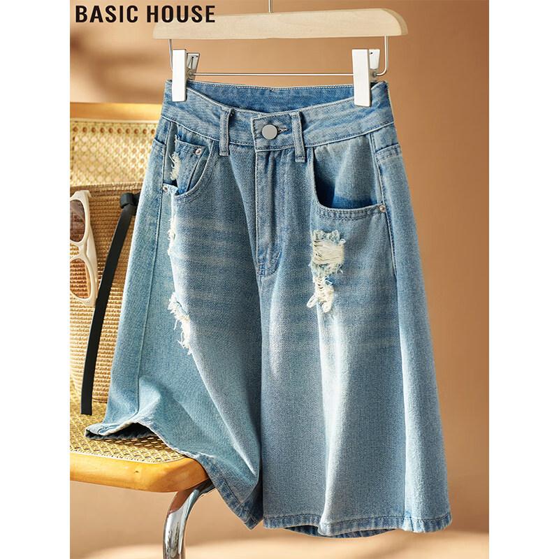 Basic House Women s High-Waist Ripped Wide-Leg Denim Shorts M