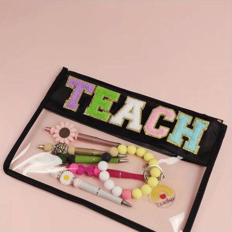 1pc Black Waterproof Transparent PVC Zipper Toiletry Makeup Pouch Personalized Embroidery Chenille Letter Patches Teach Letter Cosmetic Bag Pencil