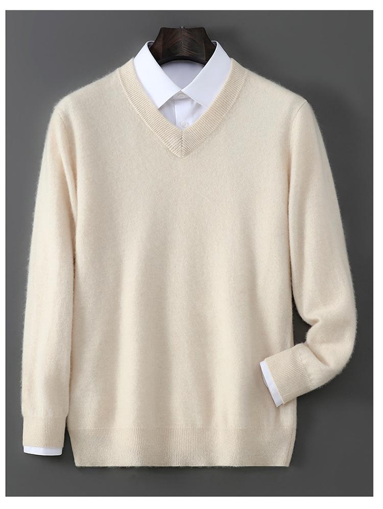 Men's 100% Wool V-neck Loose Fit Plain Pullover Sweater for Autumn/Winter.