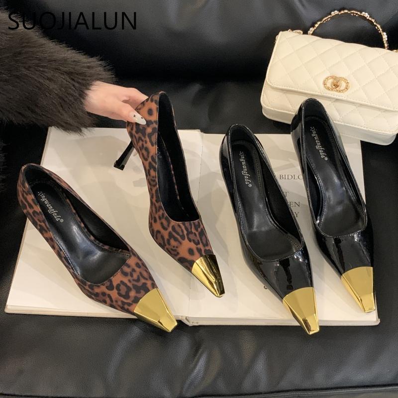 Fashion SUOJIALUN Spring New Brand Women Pumps Shoes Fashion Metal Pointed Toe Slip On Ladies Elegant Single Shoes Thin High Heel Pumps