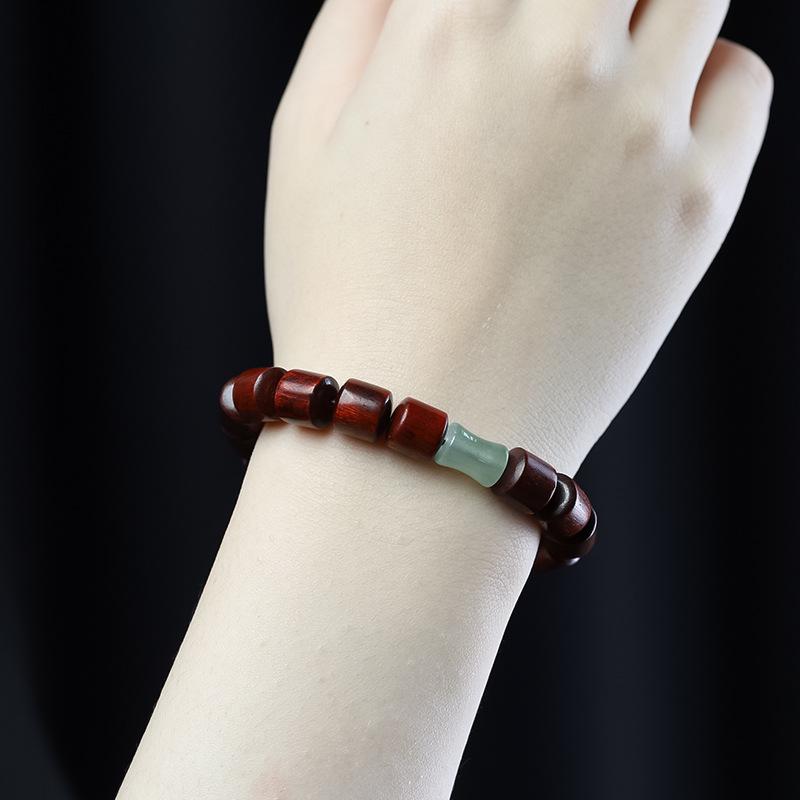 Red Sandalwood and Hetian Jade Beaded Bracelet for Men and Women - Buddhist Prayer Beads with Barrel and Bamboo Section Design.