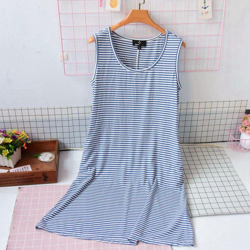 Export Women's Summer Thin Knitting Sunken Stripe Stretch Sleeveless Nightdress Mid Length Long Length Vest Style Pajamas Home Skirt