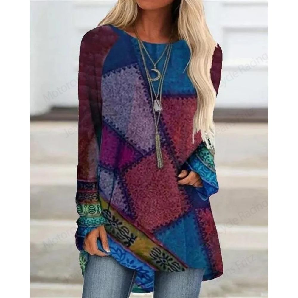 

Футболка с длинным рукавом с геометрическим принтом и 3D-принтом, женская модная туника с круглым вырезом, женская футболка, дышащая женская футболка 8XL