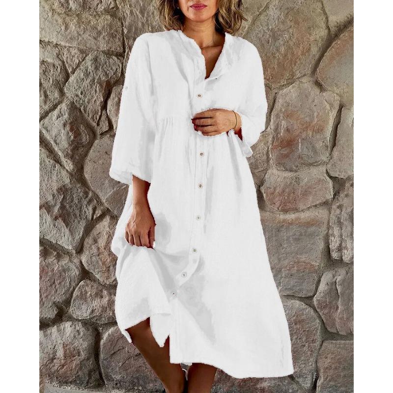Loose Women Shirt Dress Fashion Large Size Three-quarter Sleeve Casual Party Dresses Buttons Spring Elegant Solid Linen-cotton Dresses
