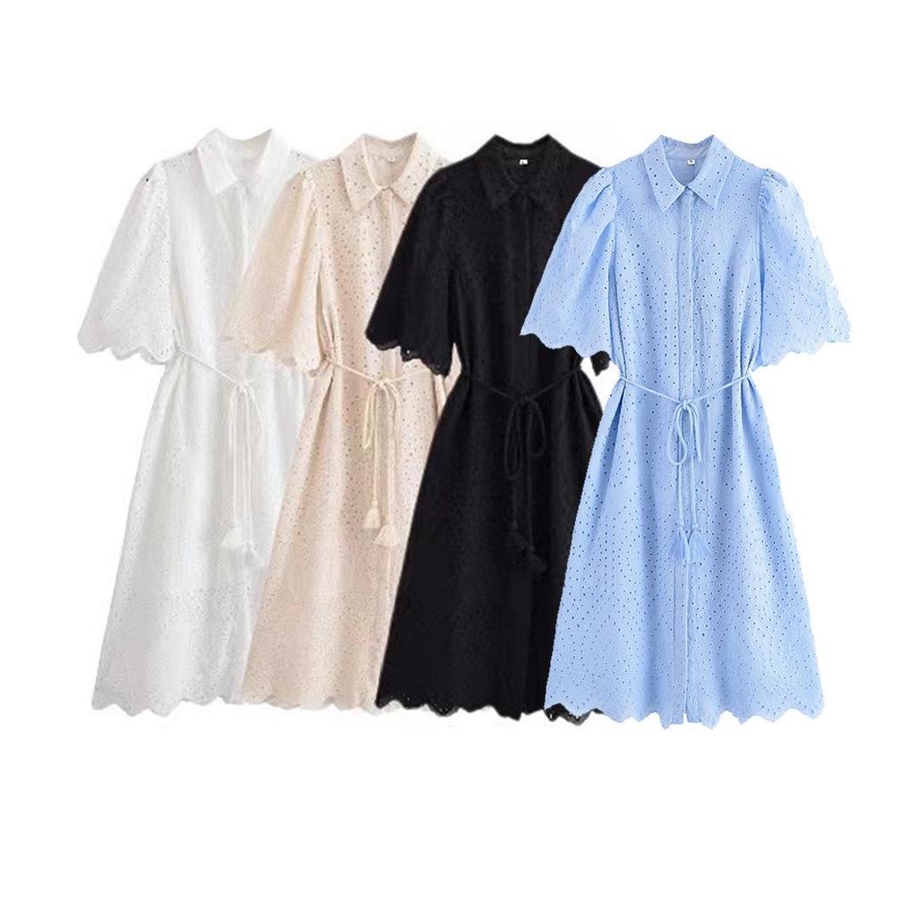 Rochie de primăvară 2025 pentru femei, stil european și american, largă, cu revere, cu curea, florală, ajurată