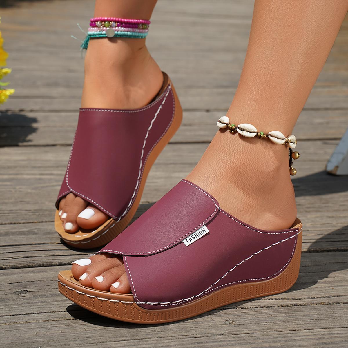 

Дизайнерские женские шлепанцы на танкетке, летние, новые модные шлепанцы с открытым носком, дышащие сандалии, удобные туфли с пряжкой для женщин, слайды 43 вино красного