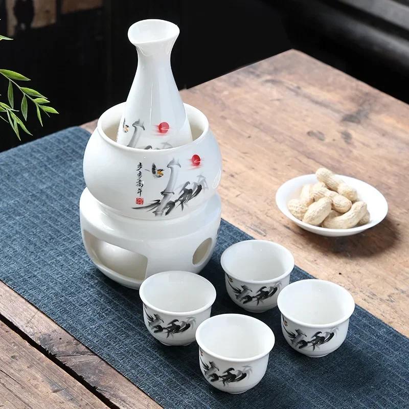 Janpanese Sake Set with Wamer, Ceramic 7pcs Wine Set with 1 Carafe 4 Sake Cups 1 Sake Warmer 1 Candle Stove