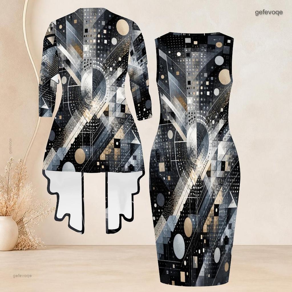 Women Plus Size Two Piece Set Abstract Printed Long Sleeve Draped Cardigan Sleeveless Bodycon Dress