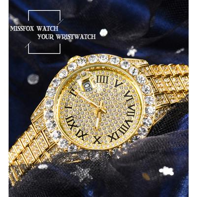 MISSFOX Luxury Watch For Women Fashion Full Ice Out 18K Gold Plate Quartz Lady Wristwatch Hip Hop Bling Diamond Dress Jewelry Clock