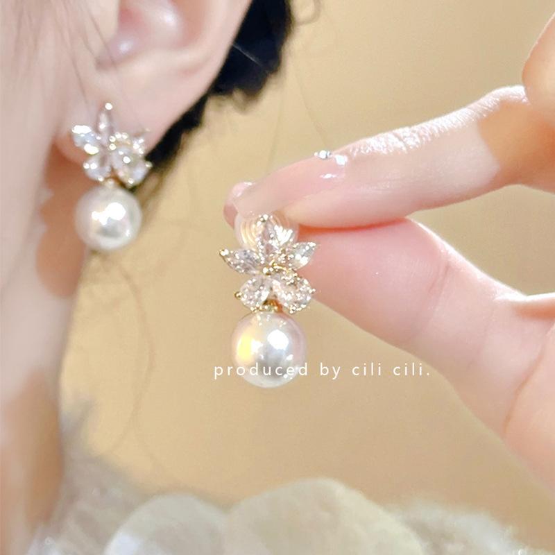 S silver needle zircon pearl earrings women's niche butterfly stud earrings versatile temperament earrings