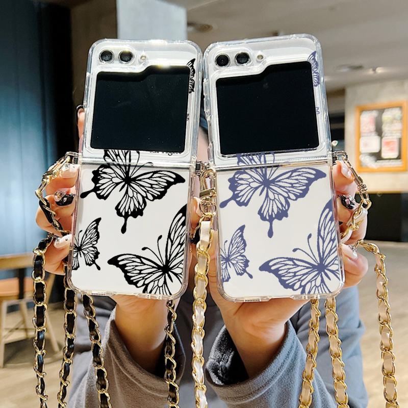 

Для Samsung Galaxy Z Flip5 Flip4 бабочка любовь сердца цветочный узор прозрачный противоударный кроссбоди с металлическим шнурком 2 шт складной чехол для телефона чехол Samsung Z Flip5