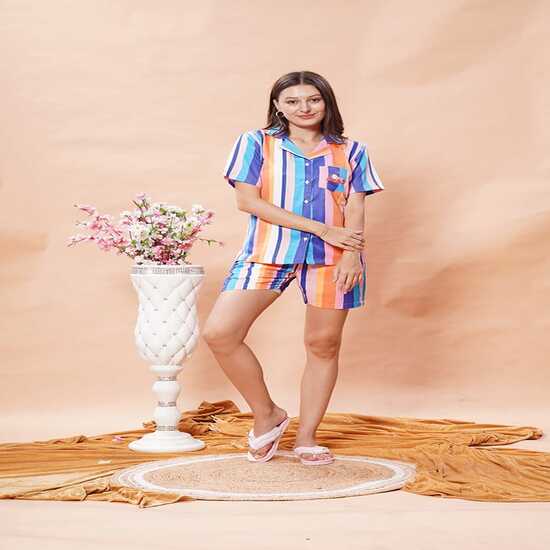 

Многоцветный полосатый комплект для сна для женщин (Комбо: Полный комплект и шорты) XXL