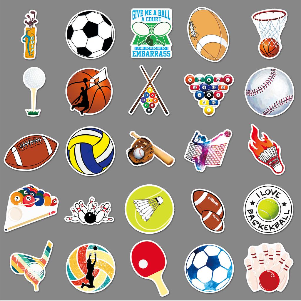 50 Stück Graffiti-Aufkleber mit gemischten Bällen, Sport, Fußball, Volleyball, Dekoration für Gepäck und Handyhüllen, wasserfest