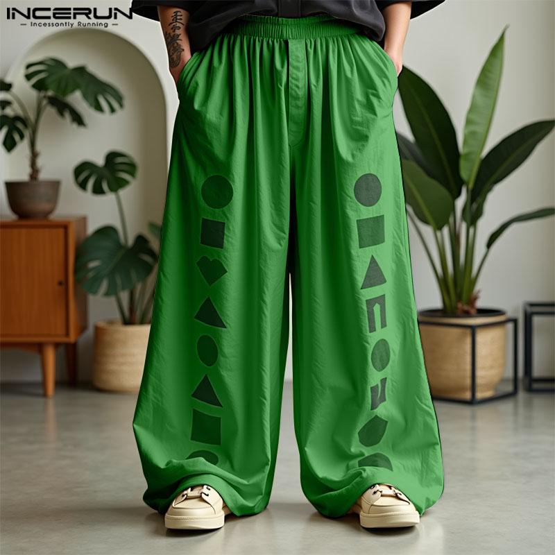 INCERUN Men Casual Loose Elastic Waist Print Long Wide Legs Pants Trousers