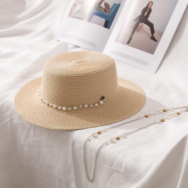 Summer Straw Sun Hat for Women - Faux Pearl Decorated, Stylish Protection for Face and Neck, Perfect for Outdoor Activities