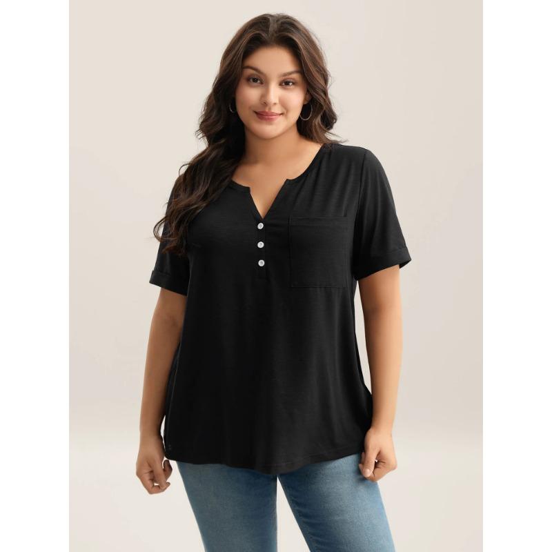 Vêtements d'été grande taille pour femmes, tempérament doux, décontracté quotidien, polyvalent, couleur unie, col en V, boutonné, manches courtes, T-shirt