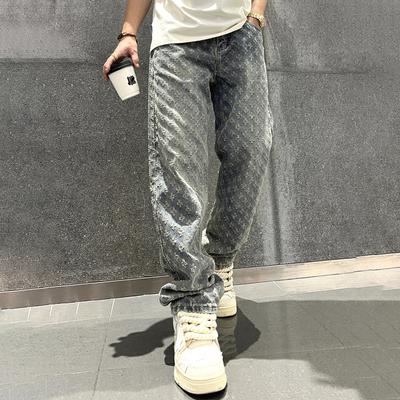 Jacquard Pattern Denim Pants Male Straight Fitting Baggy Bottoms Distressed Wide Jeans for Men Plus Size