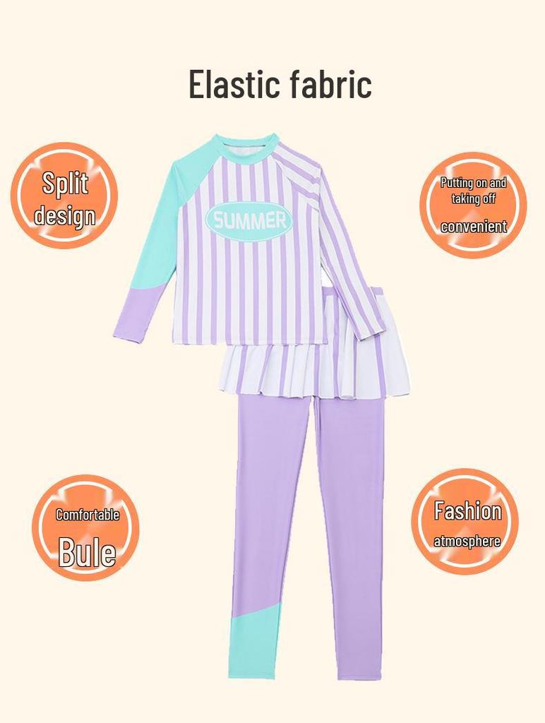 Girls' 2024 Striped Long Sleeve & Pants Two-Piece Swimsuit with Skirt