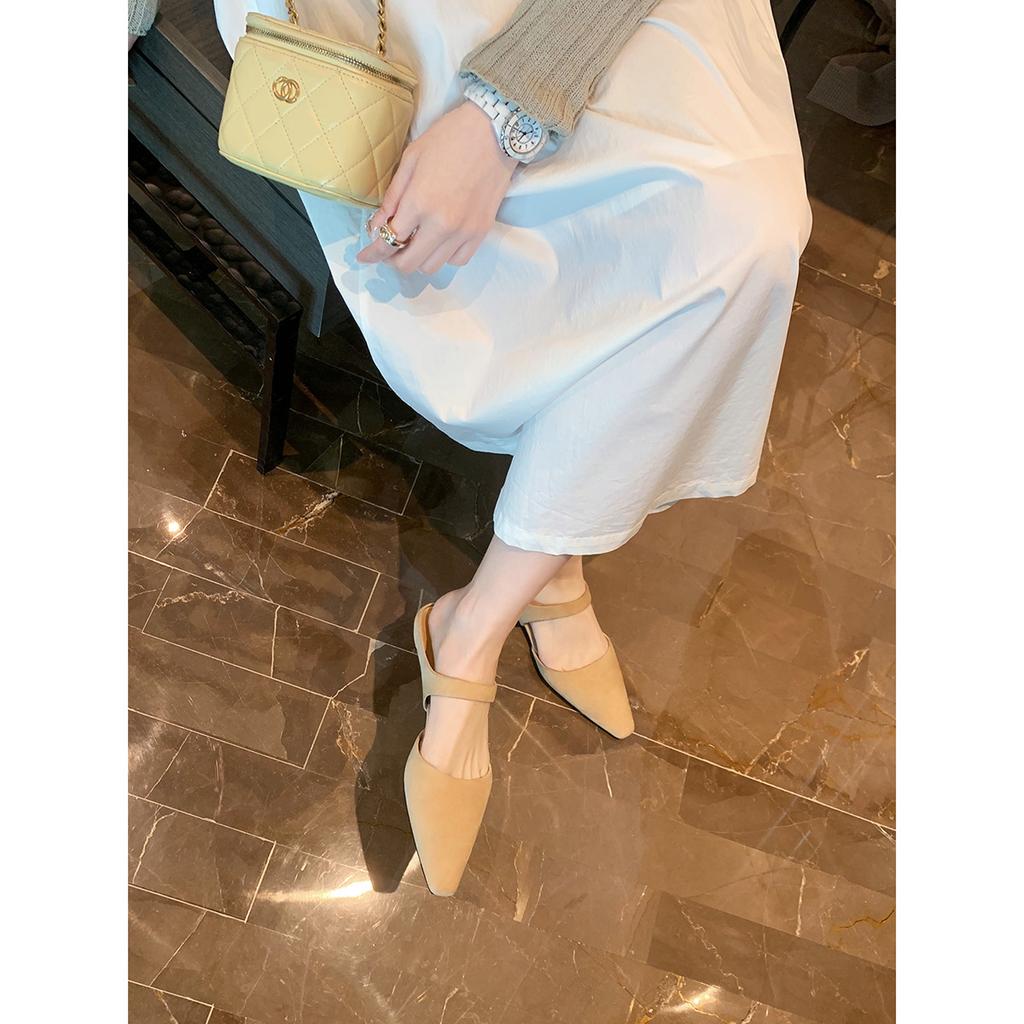 Cowhide version~ French one-word belt leather Muller half slippers women's summer outer wear bag head flat bottom cool slippers half tray