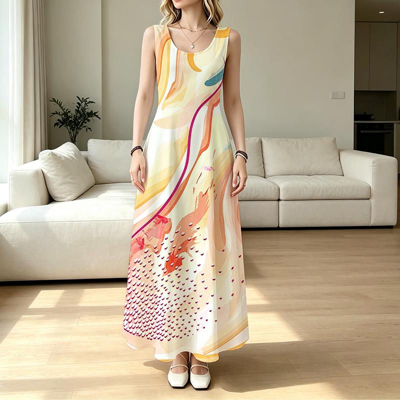 U-Neck Sleeveless Maxi Dress for Women,Abstract Art Vacation Long Dress,Lightweight Loose Fit Summer Dress,Breathable Casual Wear for Beach