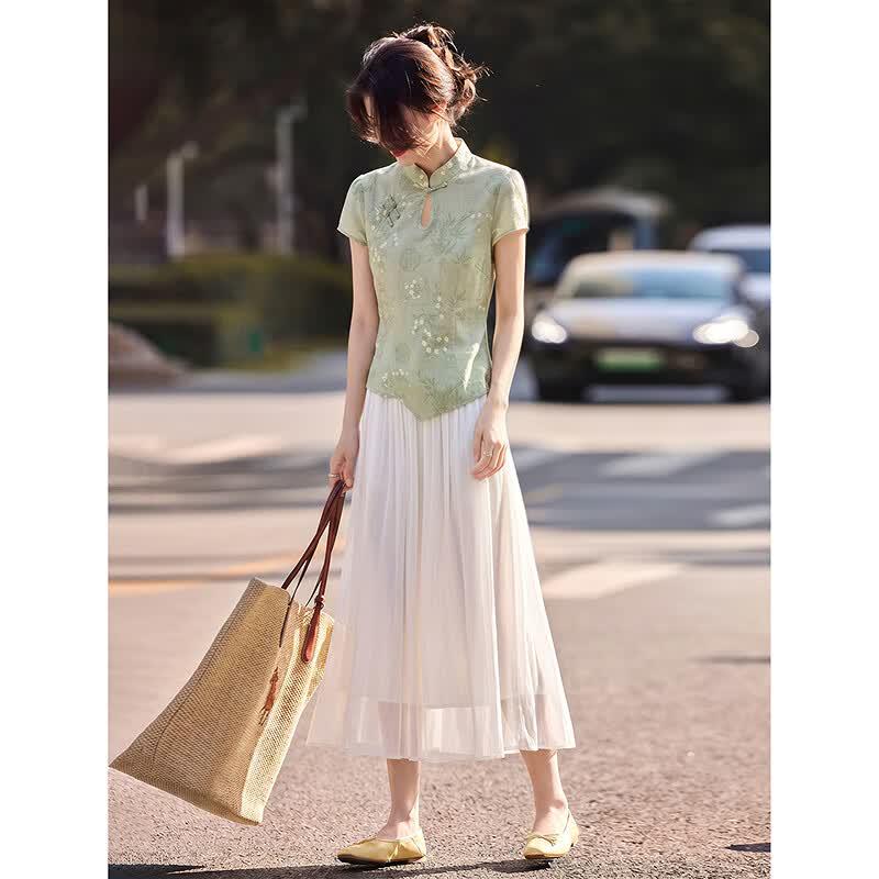 New Chinese Style Frog Button Shirt & Mesh Skirt Set